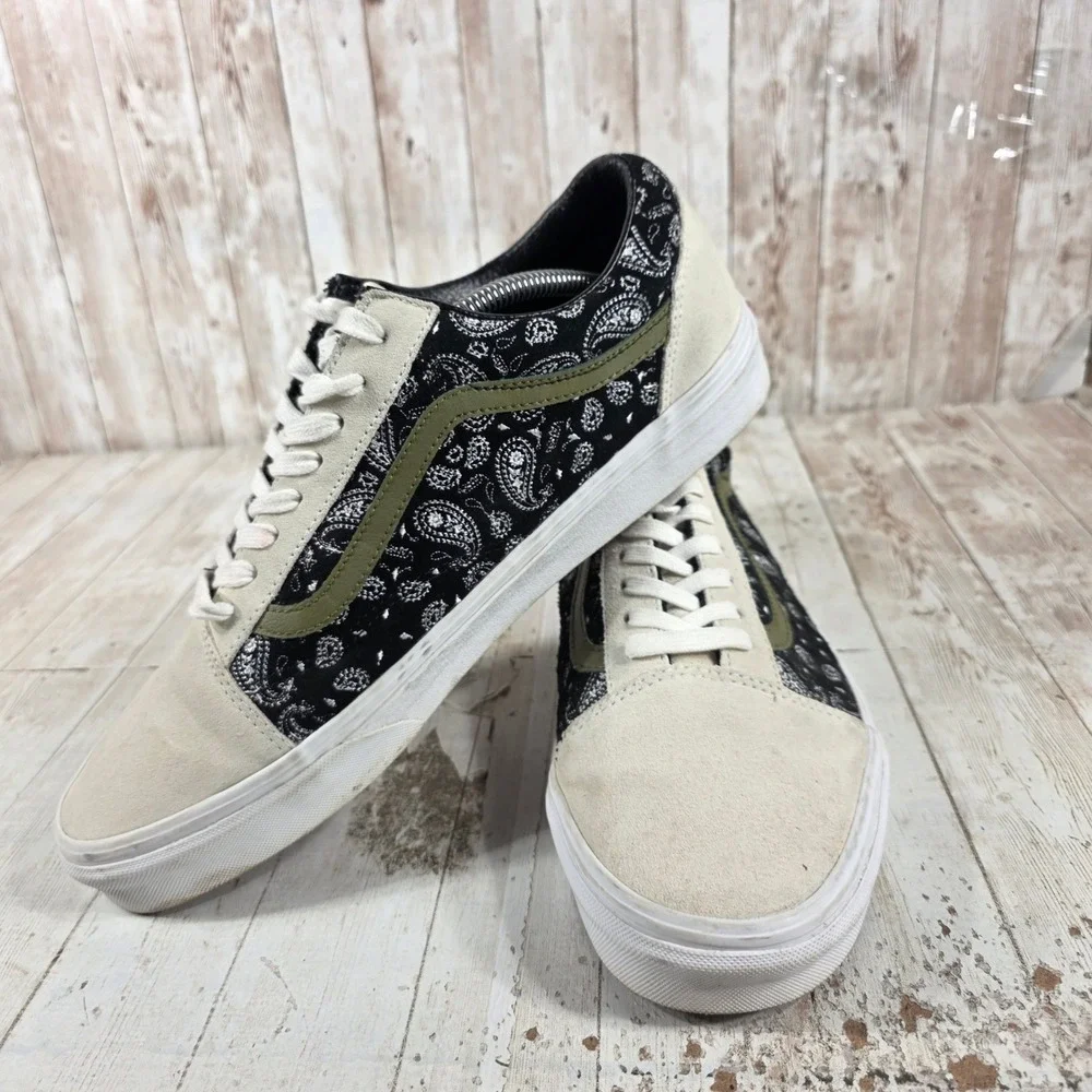 Vans Old Skool Black Paisley Cream Suede Olive Green Stripe Mens 12 Sneakers